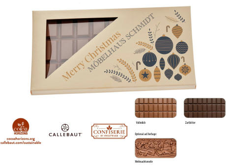 Schokolade 100 g Tafel im Karton,   1 Stück, Inhalt: Callebaut Vollmilch Schokolade Kalender