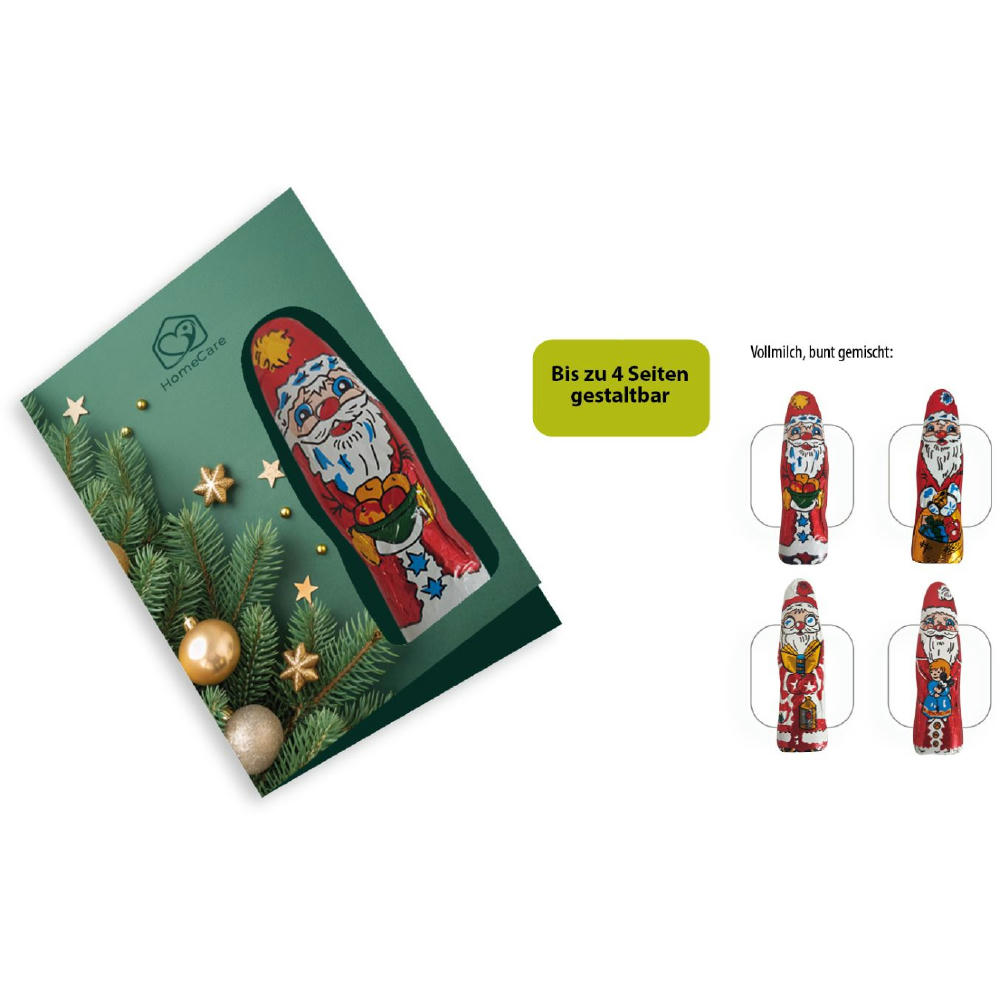 Faltkarte mit individuellem Druck - Schokofigur,   1 Stück, Inhalt: Figur aus Edel-Vollmilchschokolade (Weihnachtsmann)