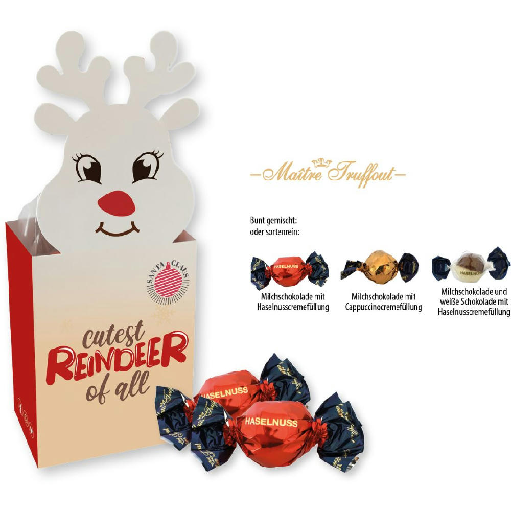 Weihnachtspralinés in Motivkartonage "Rentier",   5 Stück, Inhalt: Pralinen Milchschokolade mit Haselnusscremefüllung