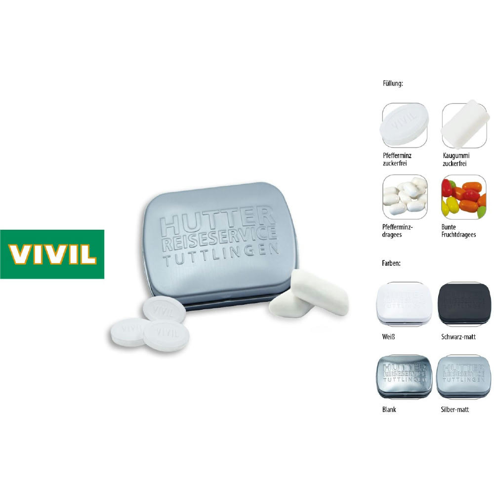 Klapp-Dose-59 geprägt, schwarz-matt 20 g, Inhalt: Pfefferminzdragees (Dose)