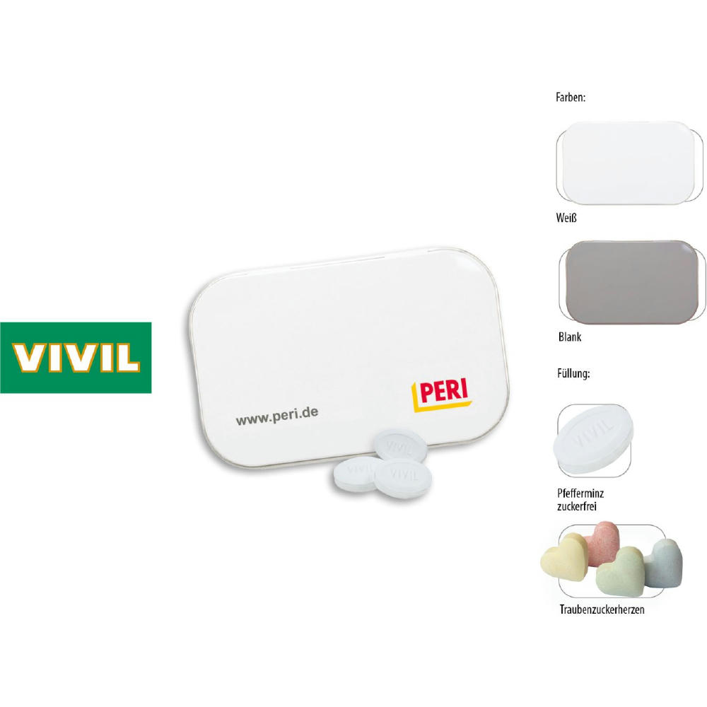 Klapp-Dose-96, blank 70 g, Inhalt: Traubenzuckerherzen bunt (Dose)