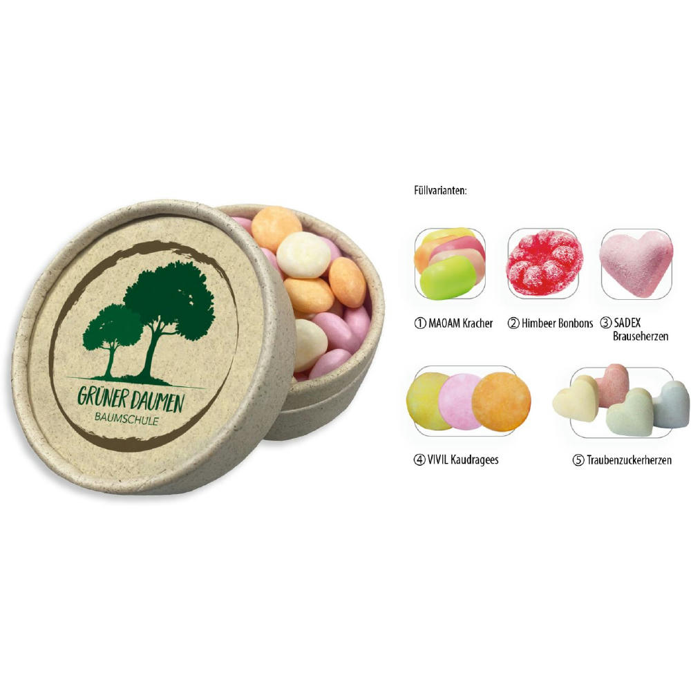 Runddose 89 Graspapier,   100 g, Inhalt: Traubenzuckerherzen bunt (Dose)