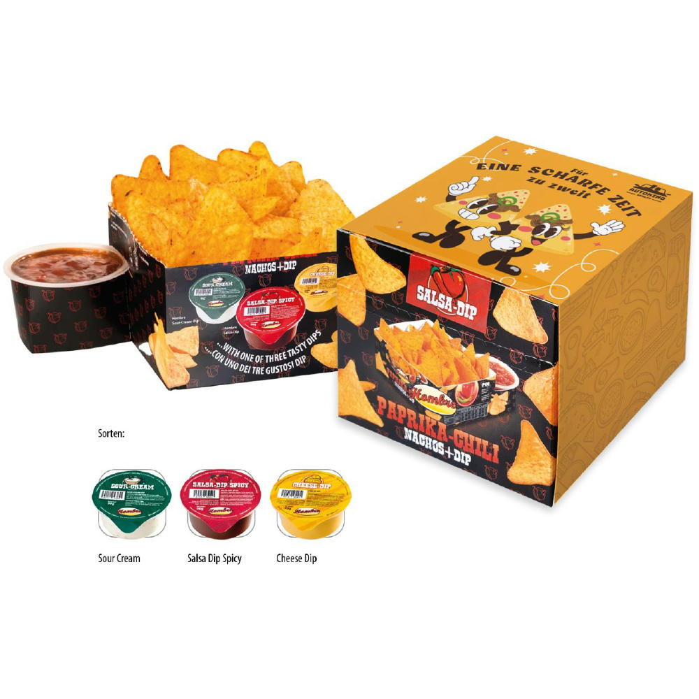 Nacho Box im Schuber,   190 g, Inhalt: Nachos Paprika-Chili, Salsa Dip Spicy