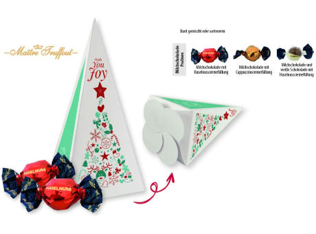 Weihnachtspralinés in Motivkartonage "Tannenbaum",   8 Stück, Inhalt: Pralinen Milchschokolade mit Cappuccinocremefüllung