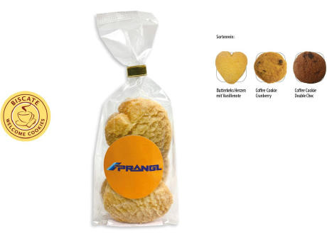 Cookies Bodenstandbeutel mit Werbeaufkleber,   5 Stück, Inhalt: Coffee Cookie Double Choc