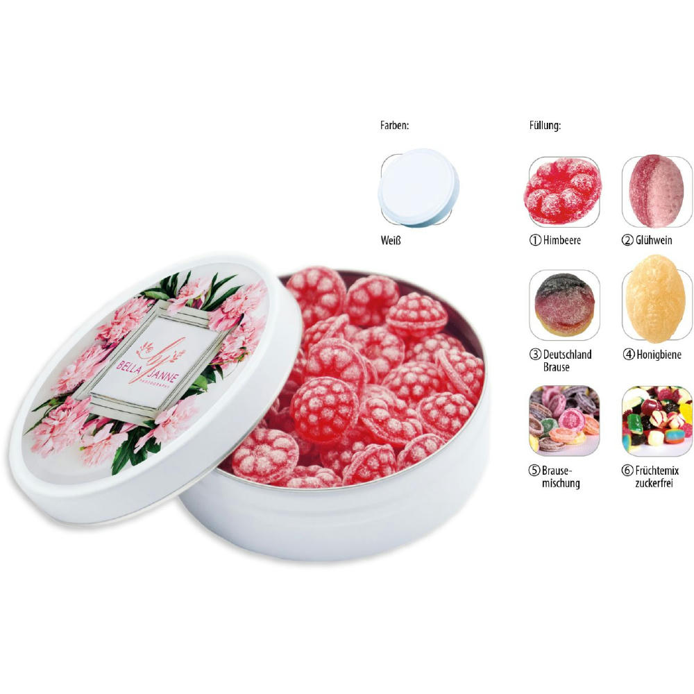 Runddose 99, weiß 120 g, Inhalt: Bonbons Früchtemix zuckerfrei