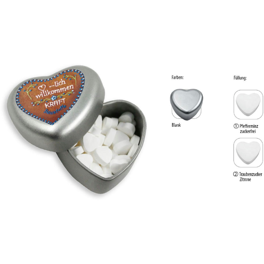 Herzdose, blank 18 g, Inhalt: Pfefferminz Herzen zuckerfrei