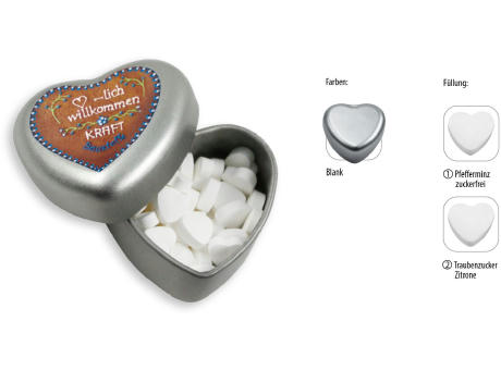 Herzdose, blank 18 g, Inhalt: Pfefferminz Herzen zuckerfrei