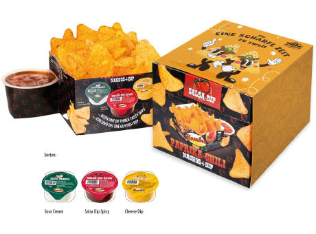 Nacho Box im Schuber,   190 g, Inhalt: Nachos Paprika-Chili, Cheese Dip