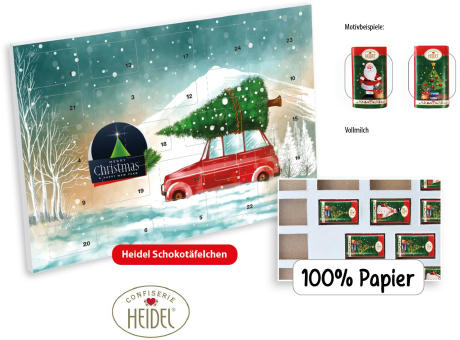 Tisch Adventskalender HEIDEL aus 100 % Papier individuell bedruckt,   72 g, Inhalt: Heidel Schokoladentäfelchen