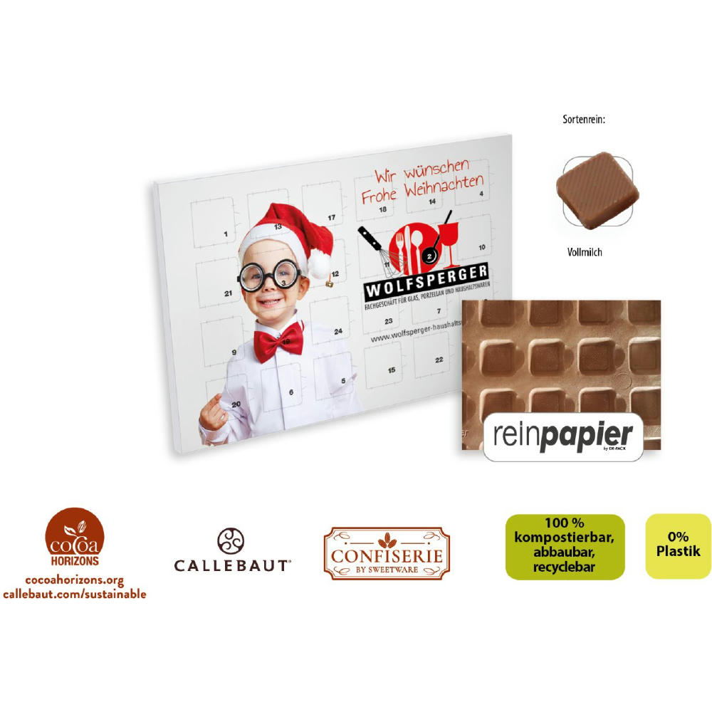 Tisch Adventskalender aus Reinpapier individuell bedruckt,   48 g, Inhalt: Callebaut Vollmilch Schokolade Kalender