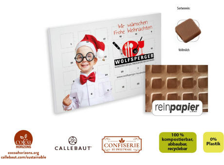 Tisch Adventskalender aus Reinpapier individuell bedruckt,   48 g, Inhalt: Callebaut Vollmilch Schokolade Kalender