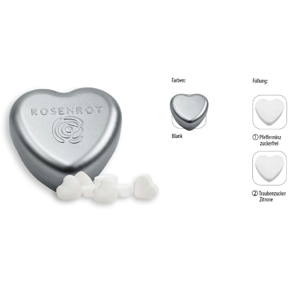 Herzdose geprägt, blank 18 g, Inhalt: Pfefferminz Herzen zuckerfrei