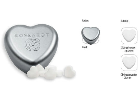 Herzdose geprägt, blank 18 g, Inhalt: Pfefferminz Herzen zuckerfrei