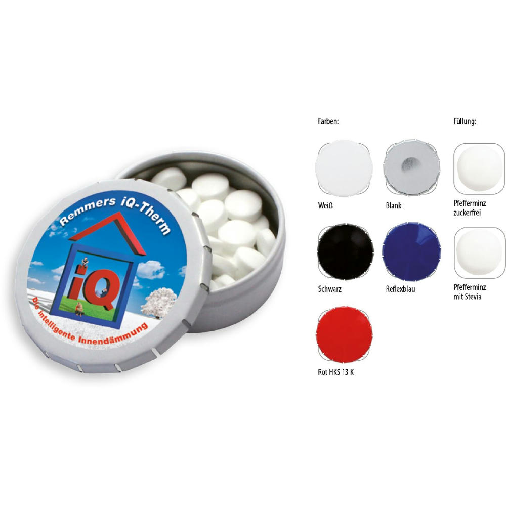 Klick-Dose-45, blank 12 g, Inhalt: Pfefferminz-Pastillen; zuckerfrei