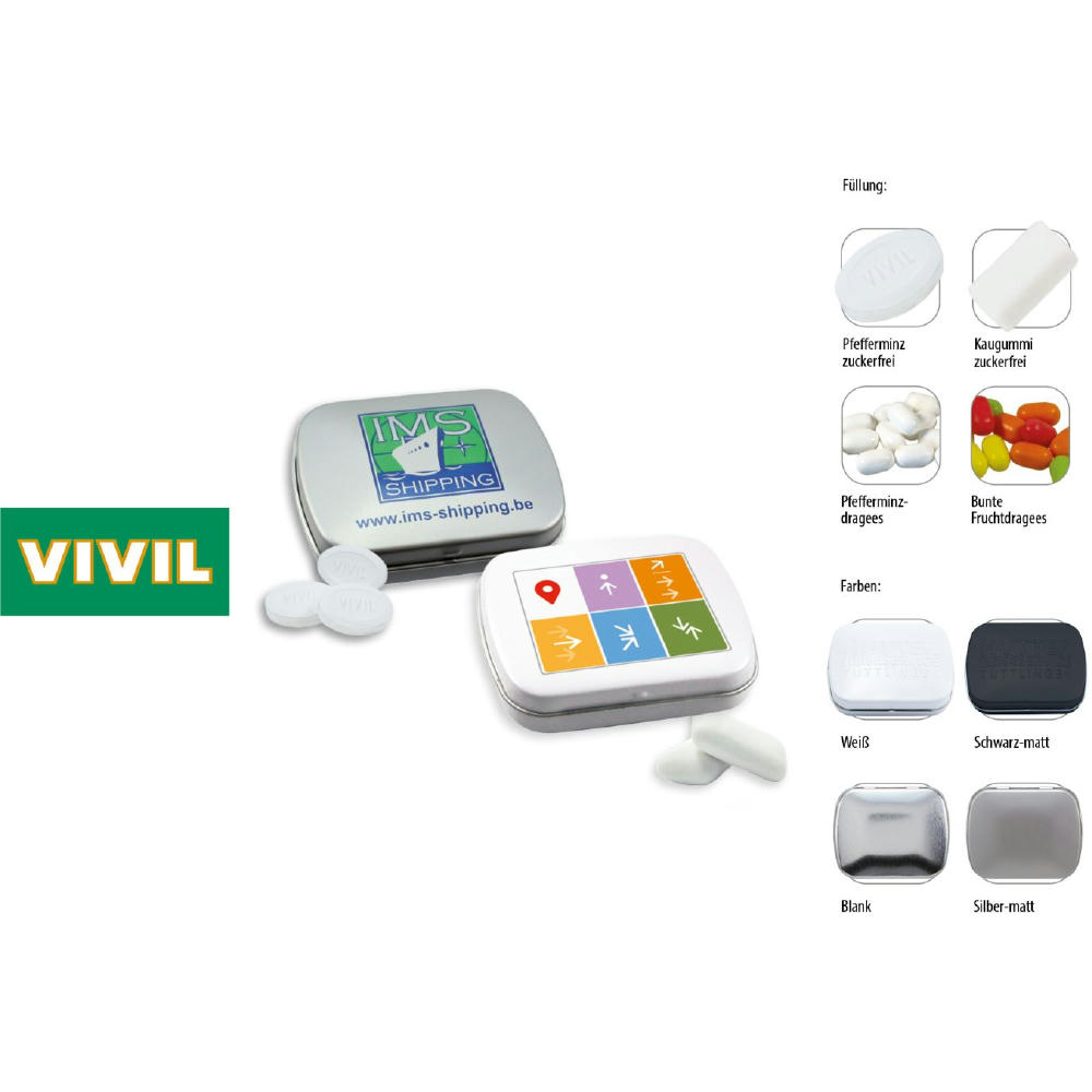 Klapp-Dose-59, silber-matt 20 g, Inhalt: Pfefferminzdragees (Dose)