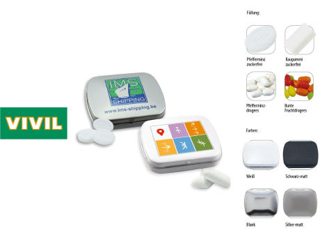 Klapp-Dose-59, silber-matt 20 g, Inhalt: Pfefferminzdragees (Dose)