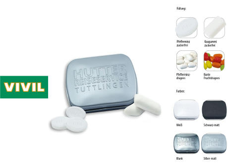 Klapp-Dose-59 geprägt, blank 20 g, Inhalt: Kaugummi Dragees zuckerfrei (Dose)