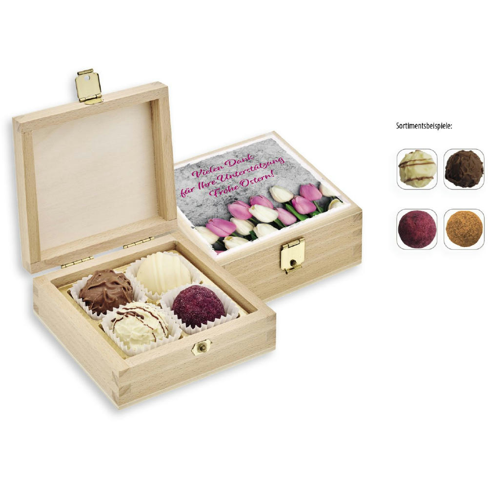 4er Pralinen-/Trüffelmix in Holzbox,   4 Stück, Inhalt: Pralinen/Trüffel mit Alkohol
