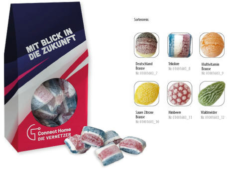 Beutelschachtel mit Bonbons,   60 g, Inhalt: Multivitamin Brause