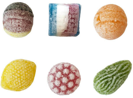 Beutelschachtel mit Bonbons,   60 g, Inhalt: Multivitamin Brause