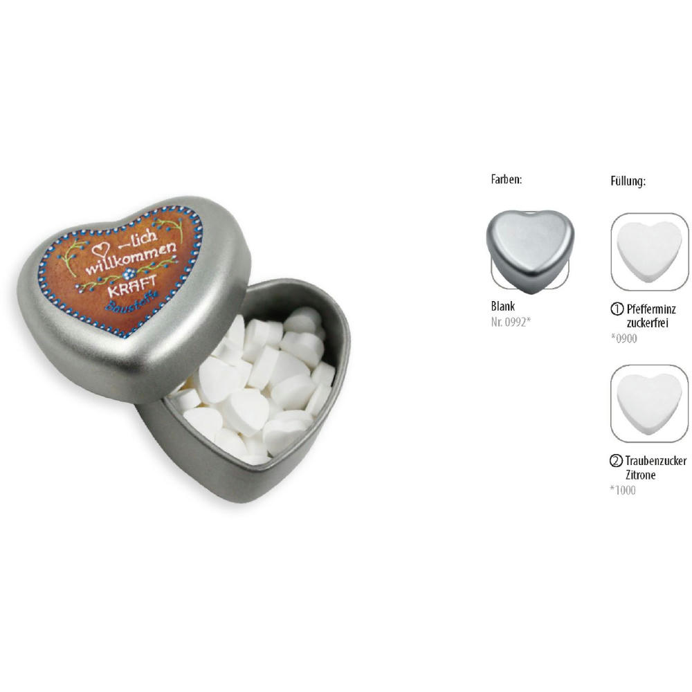 Herzdose, blank 18 g, Inhalt: Pfefferminz Herzen zuckerfrei
