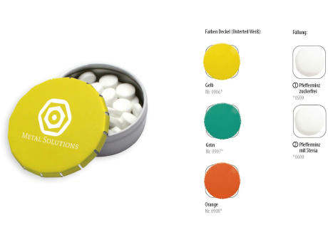 Klick-Dose-45 Duo Colour, gelb / weiß 12 g, Inhalt: Pfefferminz-Pastillen; Stevia