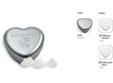 Herzdose geprägt, blank 18 g, Inhalt: Traubenzucker Herzen Zitrone