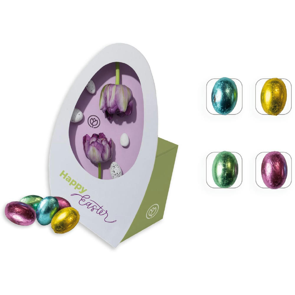 Osterei mit Werbebox,   100 g, Inhalt: Schokoeier mit Haselnusscremefüllung