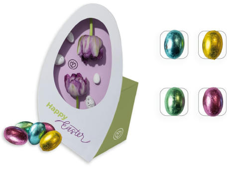 Osterei mit Werbebox,   100 g, Inhalt: Schokoeier mit Haselnusscremefüllung