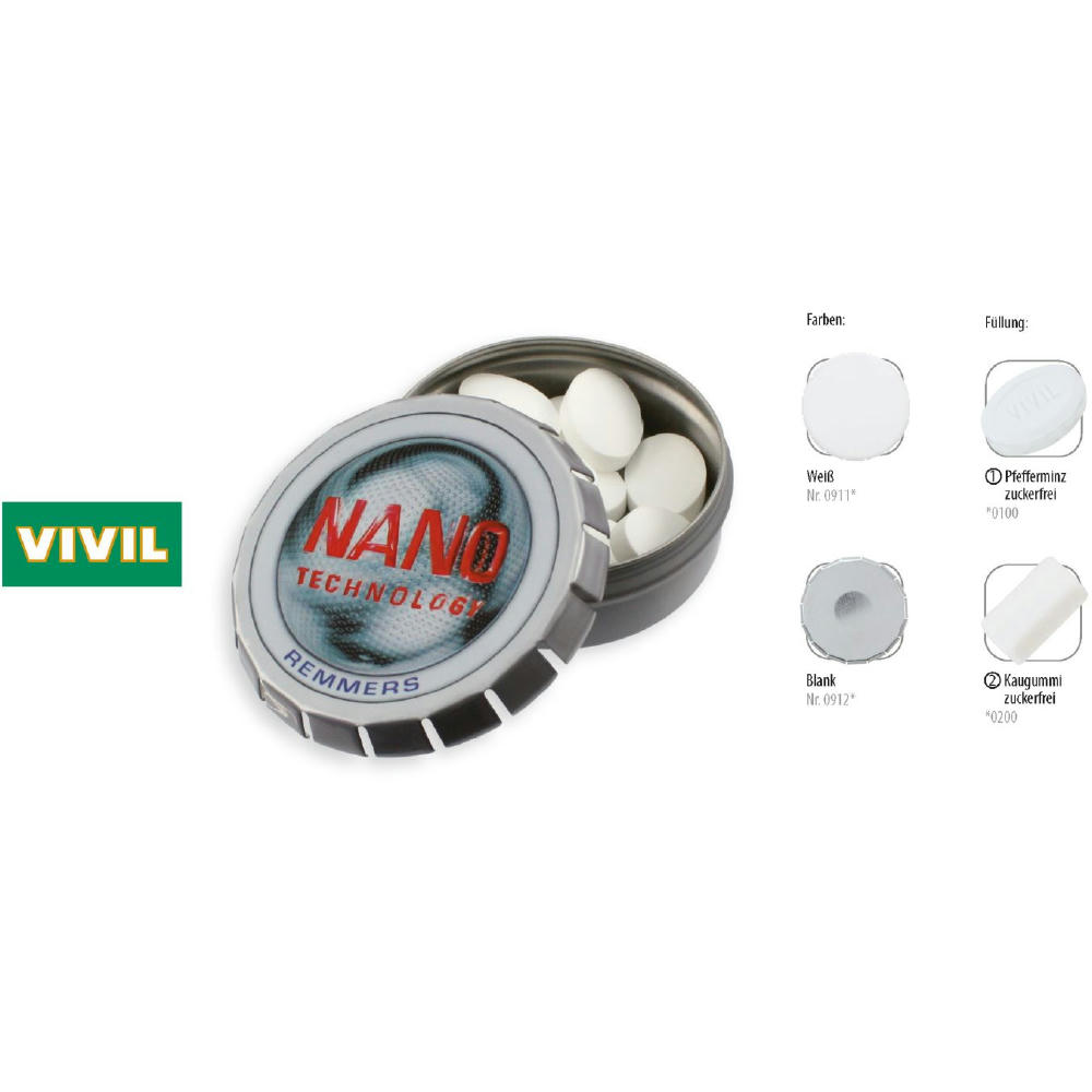 Klick-Dose-57, blank 20 g, Inhalt: VIVIL Extra Strong, zuckerfrei (Dose)