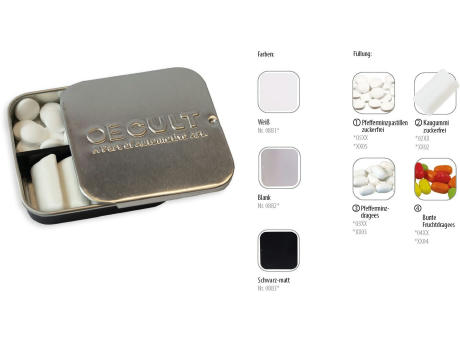 Twin Tin geprägt, blank individuell, Inhalt: Pfefferminz-Pastillen; zuckerfrei