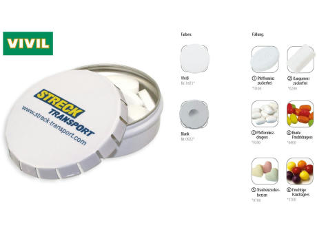 Klick-Dose-75, blank 45 g, Inhalt: Pfefferminzdragees (Dose)