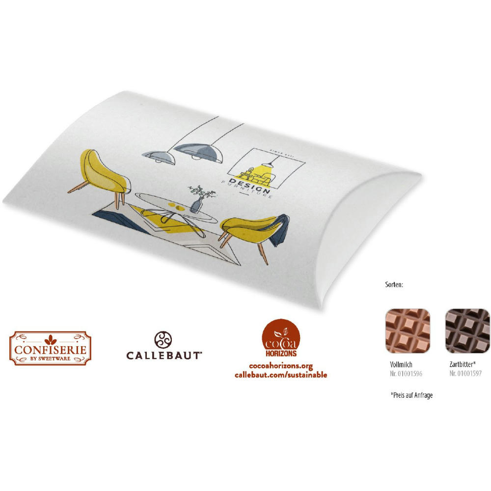 Schokolade 100 g Tafel in Kissenschachtel,   1 Stück, Inhalt: Callebaut Vollmilch Schokolade Kalender