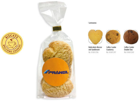 Cookies Bodenstandbeutel mit Werbeaufkleber,   5 Stück, Inhalt: Coffee Cookie Double Choc