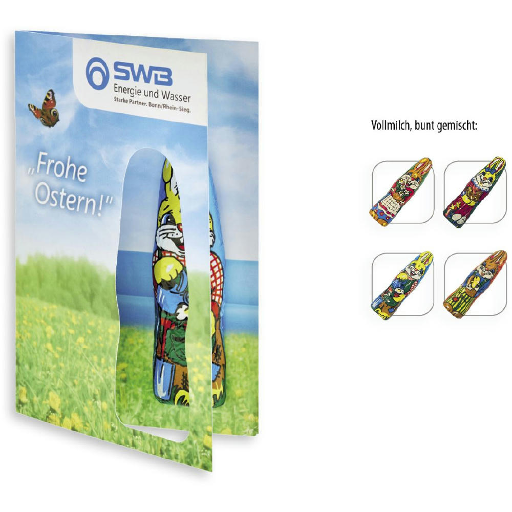 Faltkarte mit individuellem Druck - Schokofigur,   1 Stück, Inhalt: Figur aus Edel-Vollmilchschokolade (Osterhase)