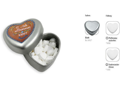 Herzdose, blank 18 g, Inhalt: Traubenzucker Herzen Zitrone