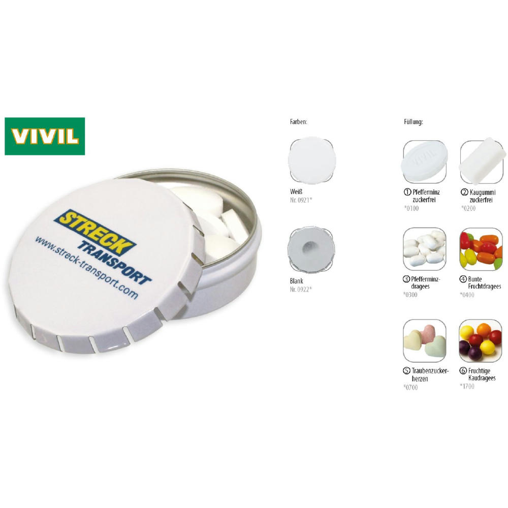 Klick-Dose-75, blank 45 g, Inhalt: Fruchtige Kaudragees (Dose)