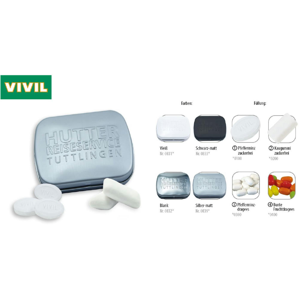 Klapp-Dose-59 geprägt, schwarz-matt 20 g, Inhalt: VIVIL Extra Strong, zuckerfrei (Dose)