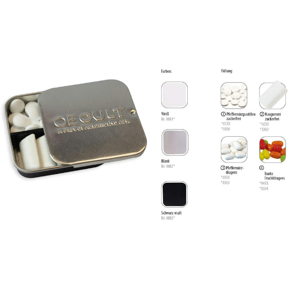 Twin Tin geprägt, blank individuell, Inhalt: Kaugummi Dragees zuckerfrei (Dose)