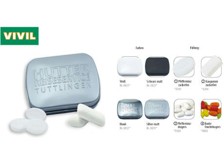 Klapp-Dose-59 geprägt, blank 20 g, Inhalt: Bunte Fruchtdragees gemischt (Dose)