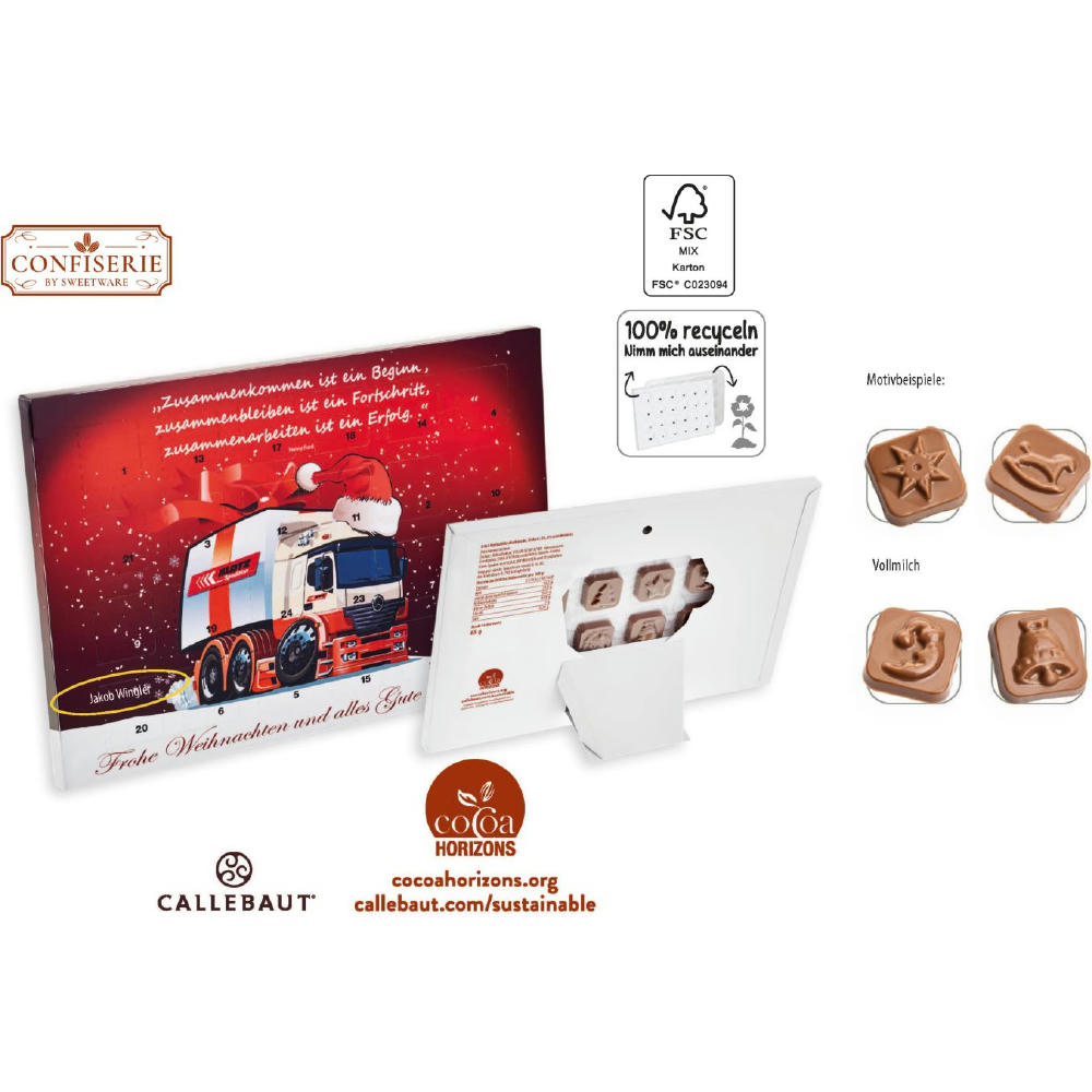 Tisch Adventskalender personalisiert,   60 g, Inhalt: Callebaut Vollmilch Schokolade Kalender