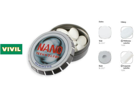 Klick-Dose-57, blank 20 g, Inhalt: Kaugummidragees zuckerfrei (Dose)