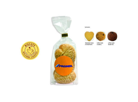 Cookies Bodenstandbeutel mit Werbeaufkleber, 5 Stück, Inhalt: Butterkeks Herzen