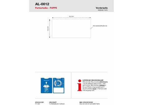 Parkscheibe Pappe mit Benzinrechner incl. 1c Druck
