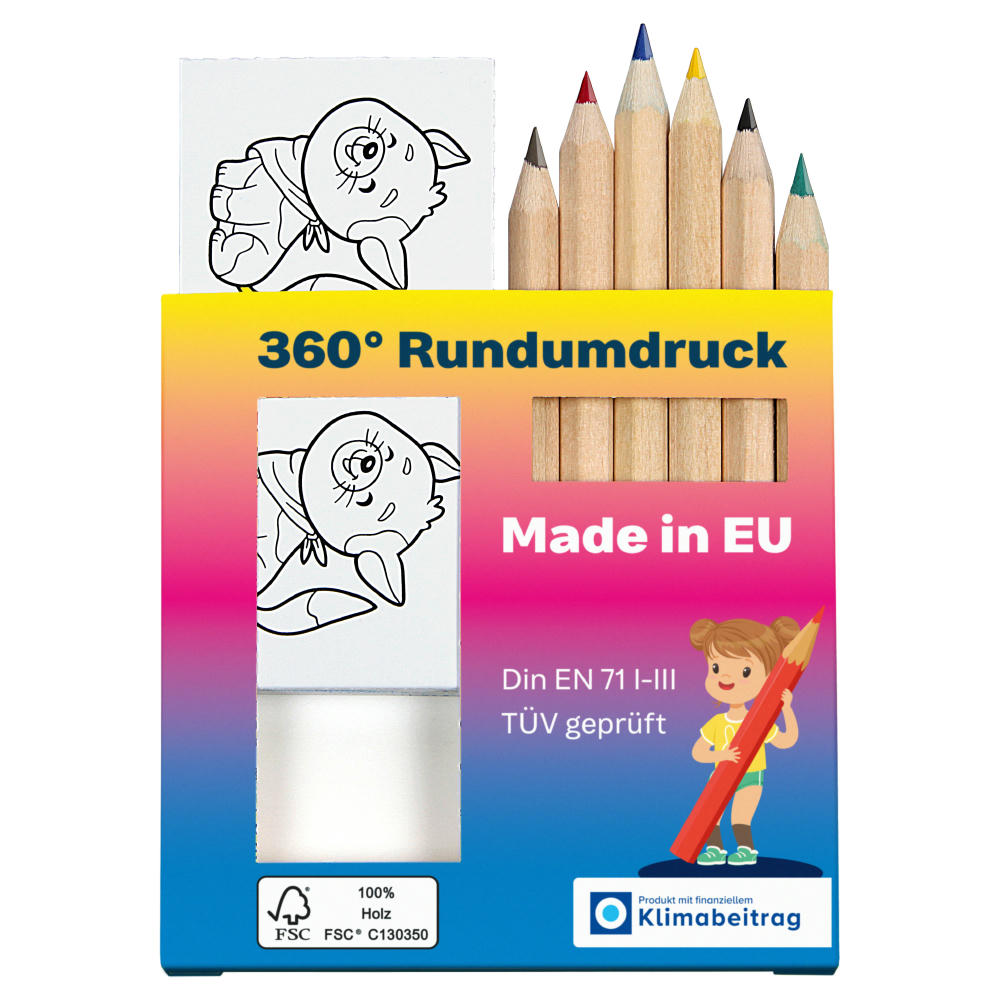 Buntstifte, Buntstifte-Memo Set, inkl. 4c Rundumdruck, mit 6 Bunstiften