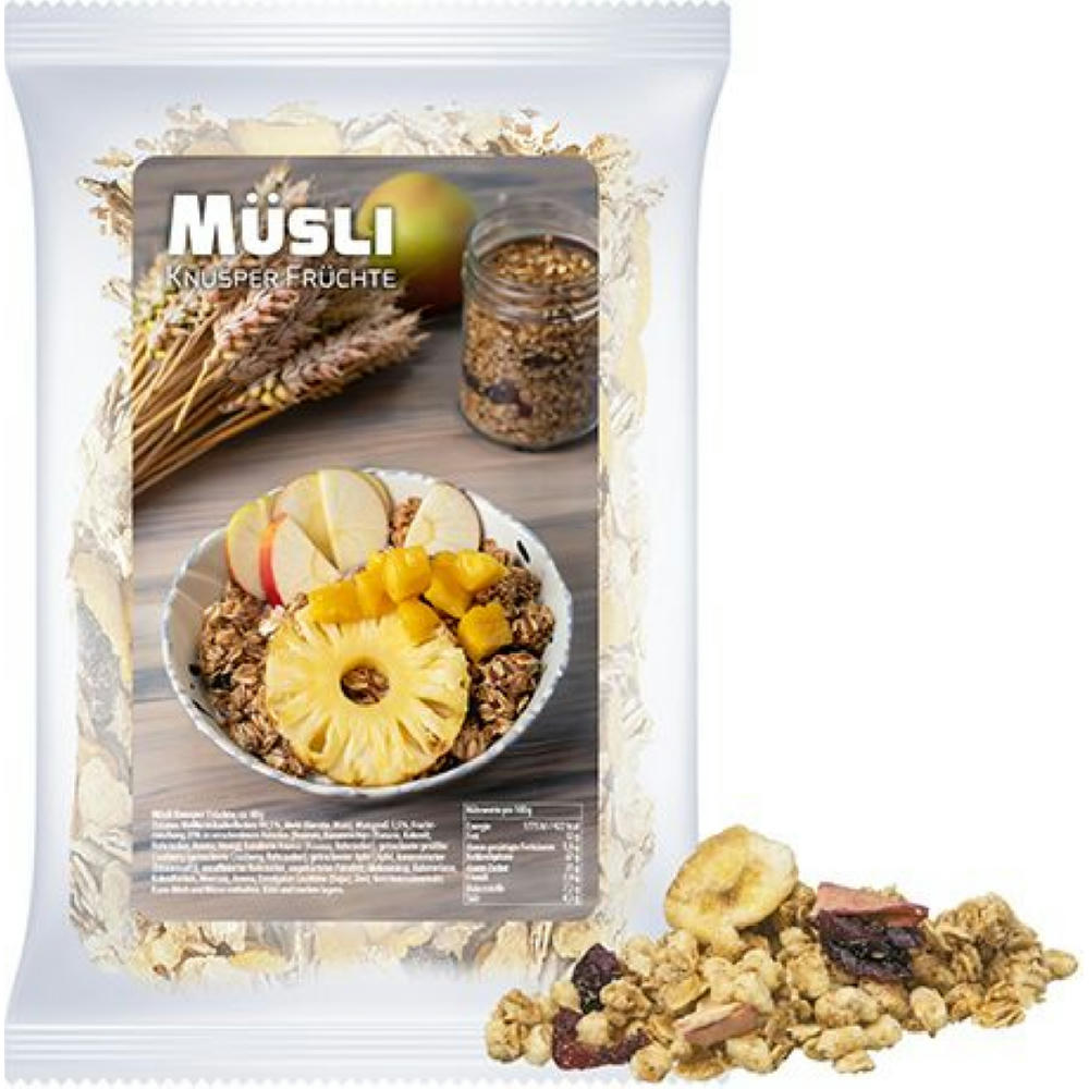 Müsli Knusper Früchte, ca. 60g, Express Maxi-Tüte mit Etikett