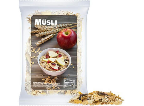 Müsli Apfel-Cranberry, ca. 60g, Express Maxi-Tüte mit Etikett