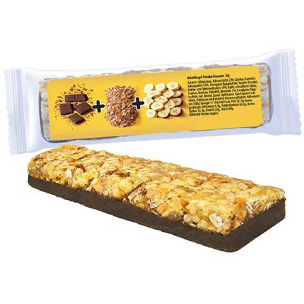 Müsliriegel Schoko-Banane, 25g, Express Flowpack mit Etikett