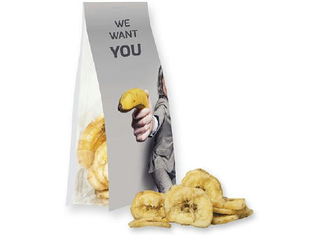 Bananenchips, ca. 25g, Express Blockbodenbeutel mit Werbereiter